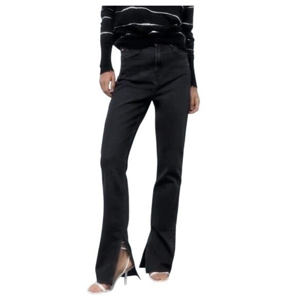 ZARA Black High Waisted Split Hem Straight Leg Denim Jeans, Size 6 US, EUC